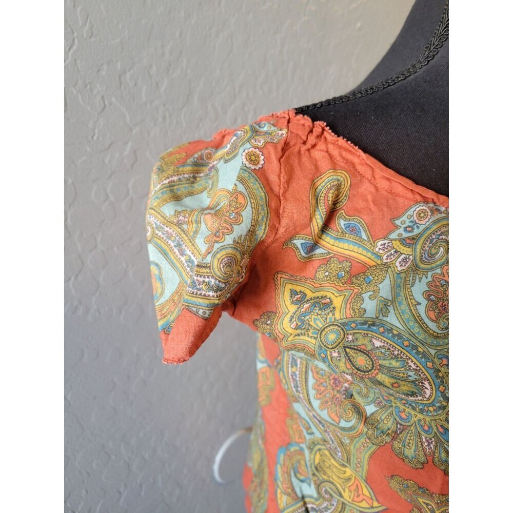 Lucky Brand Orange Aztec Short Sleeve Blouse Size M Bohemian Hippie Western - Picture 5 of 7